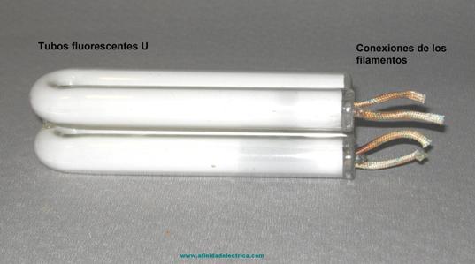 Tubo fluorescente: de unos 6 mm de di�metro aproximadamente, doblados en forma de �U� invertida, cuya longitud depende de la potencia en watt que tenga la l�mpara. En sus extremos se encuentran dos pares de alambres de conexi�n de los filamentos, aislados con spaghetti de amianto.